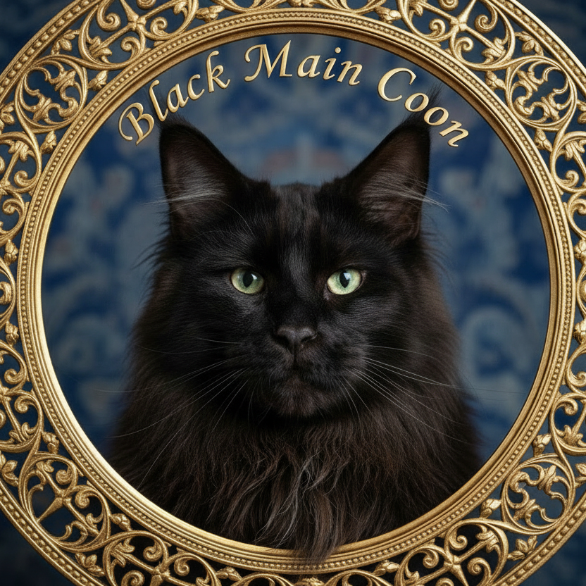 black main coon cat headshot with gold filigree in a circle around the head