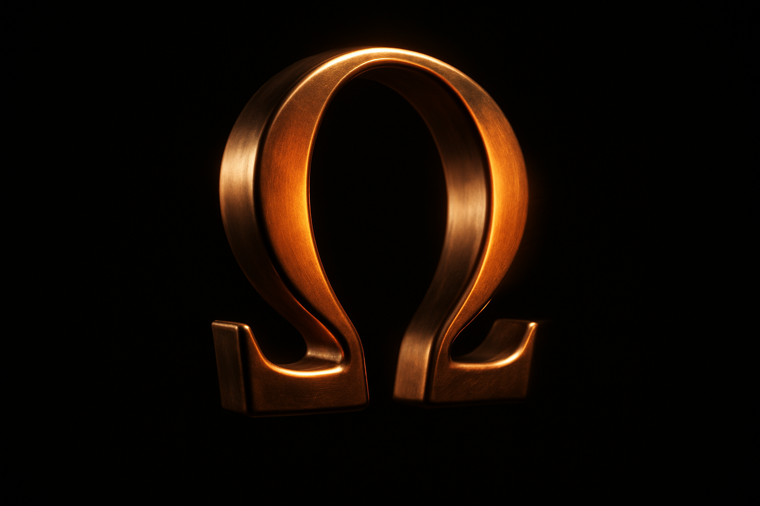 Omega symbol in copper spinning slowly on a black background with a light overhead